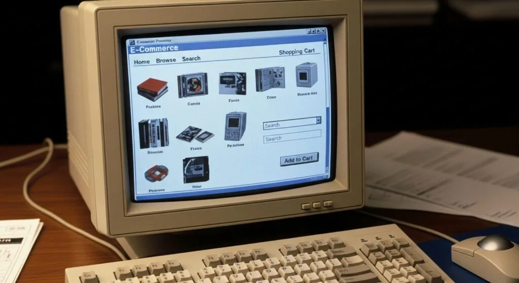 닷컴 시대를 알리는 옛날 CRT 모니터에 표시된 1990년대 스타일의 E-Commerce 웹사이트 화면과 키보드, 마우스