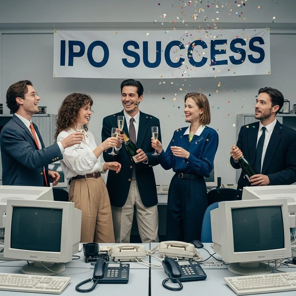 'IPO SUCCESS' 현수막 아래에서 샴페인과 함께 IPO 성공을 축하하는 다섯 명의 비즈니스맨들