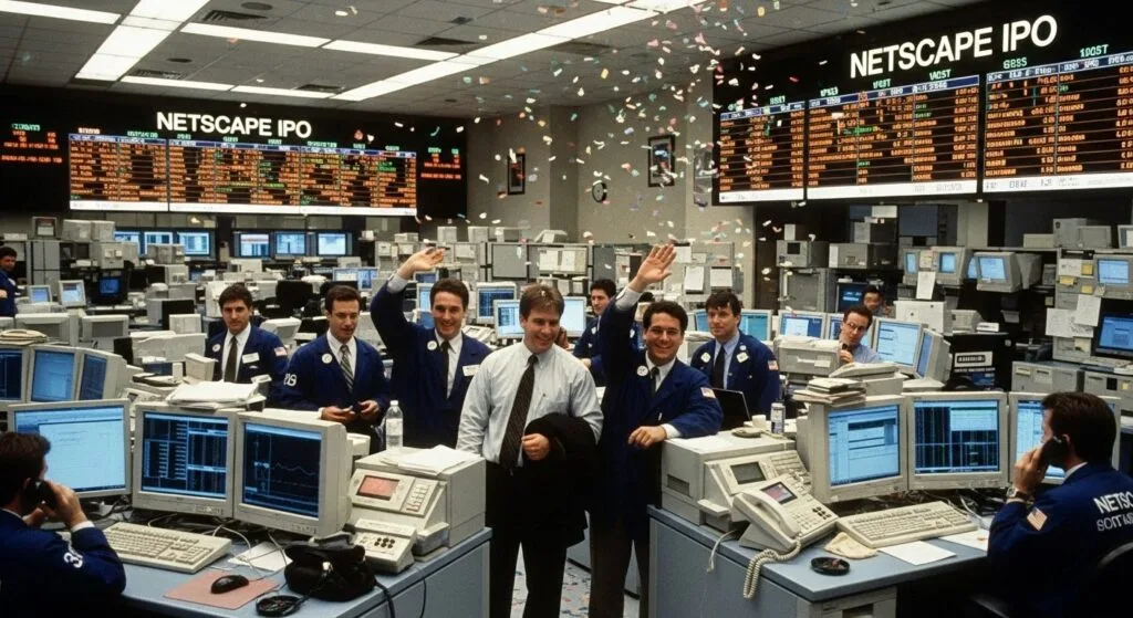 1995년 넷스케이프 IPO 상장 당시 콘페티가 흩날리는 활기찬 주식 거래소 풍경