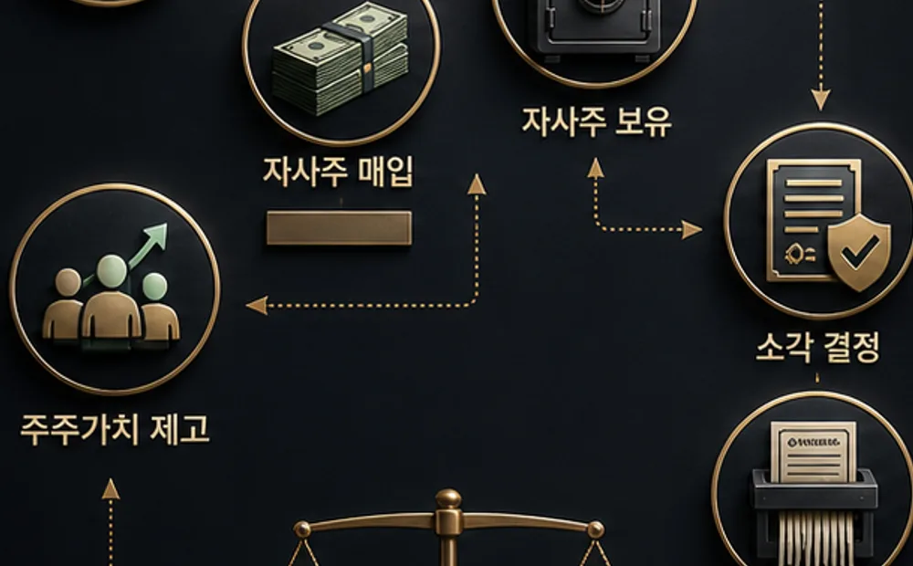 자사주 매입 검토 순서에서 취득 목적 항목과 소각 결정 항목을 연결해 보여주는 설명 이미지